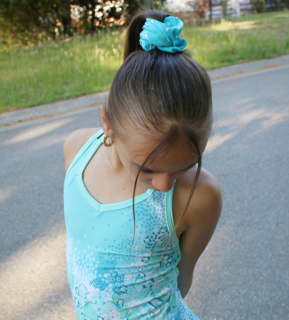 Spandex Turquoise rhinestone scrunchie
