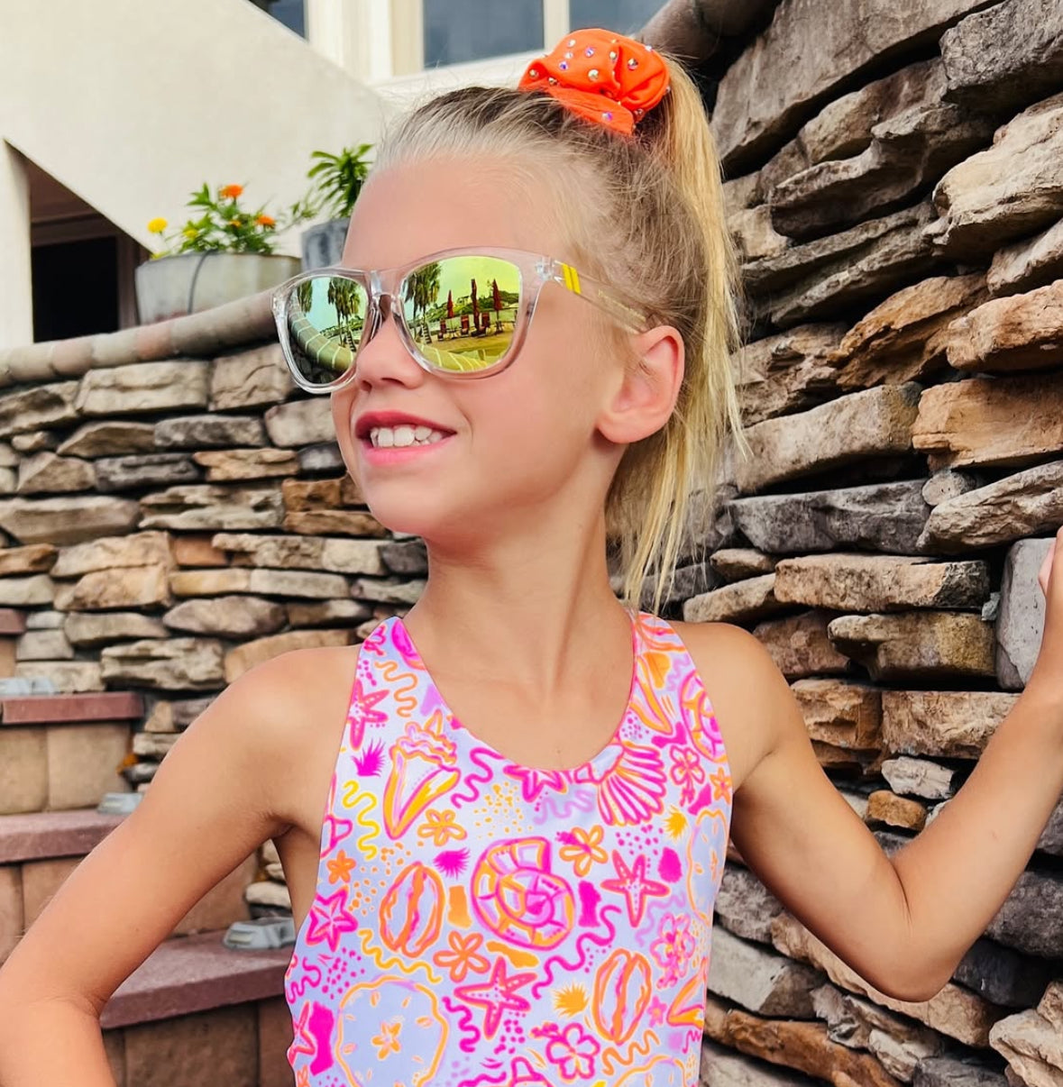 Spandex neon Orange rhinestone scrunchie